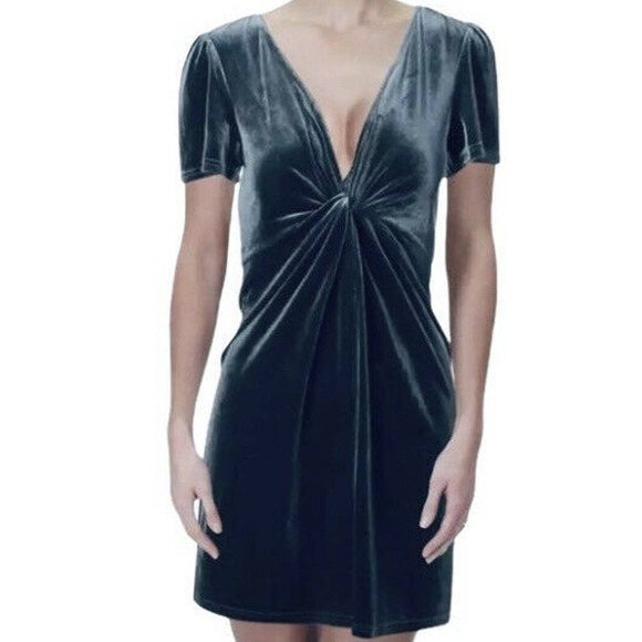 Aqua Blue-Gray Velvet Shimmer Stretch Deep V-Neck Plunge Cocktail Party Dress - Picture 13 of 13